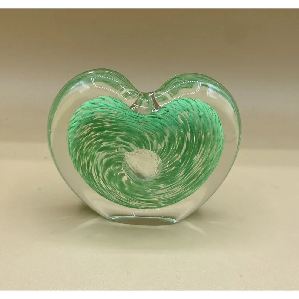 Art Glass Heart Bud Vase 3” Paperweight Sommerso Green Swirl Clear